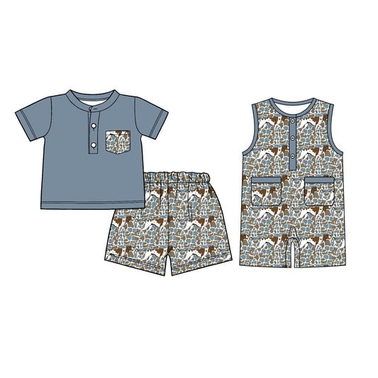 26.1.8 Custom MOQ:3 or 5 pcs each design milk silk Sibling baby boy clothes camouflage puppy short sleeve shorts sets and romper