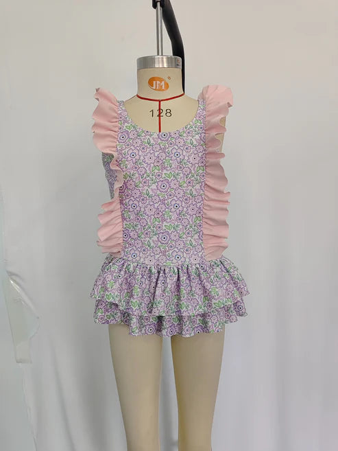Baby Girls Summer Lavender Flowers Sibling Sister Swimsuits