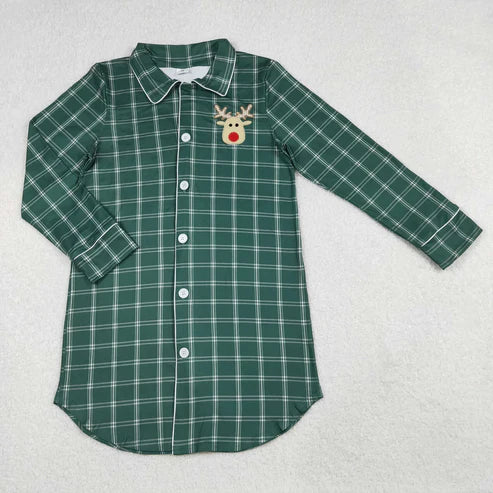 11.1 Embroidery Deer Mama and Me Green Checked Christmas Sleep Wear Pajamas Ruffle Dresses