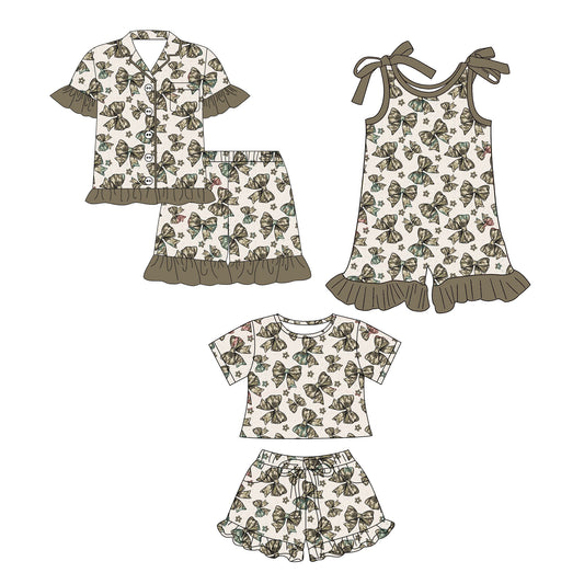 26.1.3 Custom MOQ:3 or 5 pcs each design milk silk Sibling baby girl clothes bow short sleeve shorts sets 2 and jumpsuit