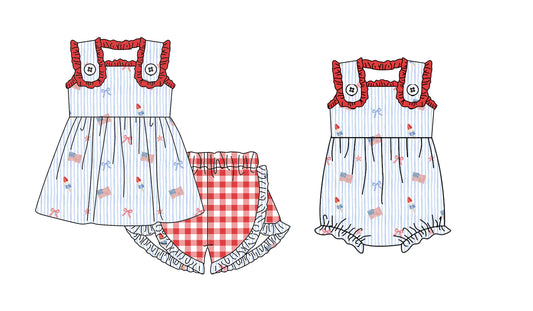 26.1.21 Custom (Moq 3 or 5) Sibling Baby Boy Clothes flag bow Short Sleeve Shorts Sets and Romper