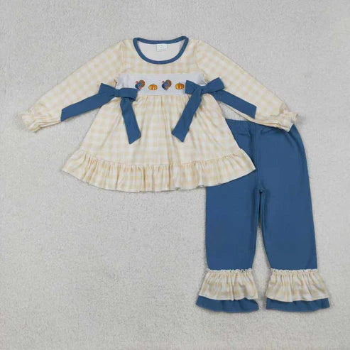 10.31  Sibling Embroidery Turkey Pumpkins Baby Boys Girls Thanksgiving Clothes Sets Ruffle Footie Rompers