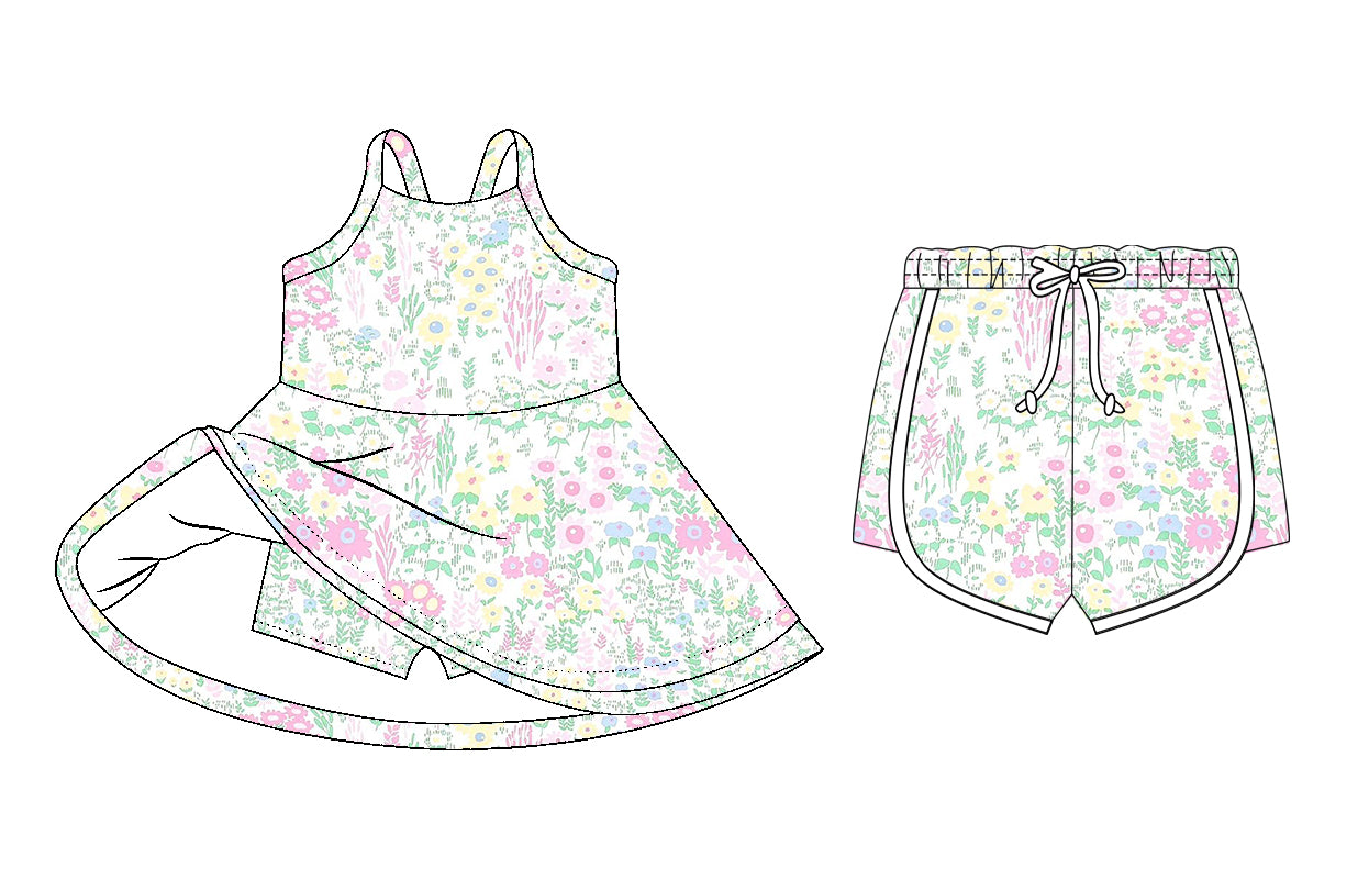 26.1.7 Custom MOQ:3 or 5 pcs each design milk silk Sibling baby girl clothes floral short sleeve dress and shorts
