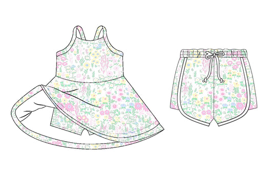 26.1.7 Custom MOQ:3 or 5 pcs each design milk silk Sibling baby girl clothes floral short sleeve dress and shorts
