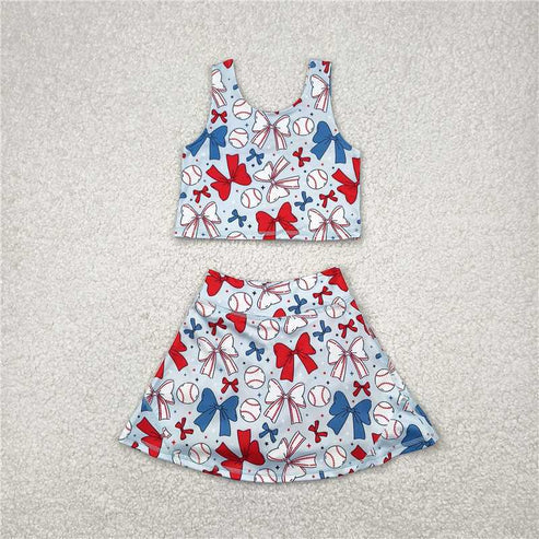 5.5  Sibling Baby Girls Baseball 4th Of July Yoga Active Wear Vest Skort Sets Knee Length Dresses