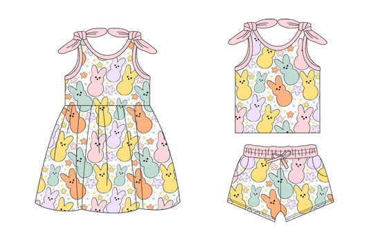 26.1.14 Custom MOQ:3 or 5 pcs each design milk silk Sibling baby girl clothes bunny floral short sleeve shorts sets and dress