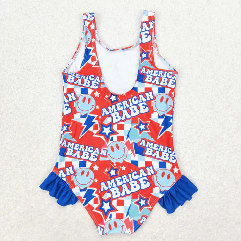 S0214 4th of July Stars check blue lace one-piece swimsuit