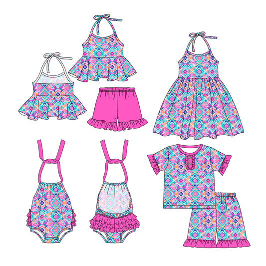 26.1.2 Custom MOQ:3 or 5 pcs each design milk silk Sibling baby girl clothes geometric short sleeve shorts sets 2 and dress and romper
