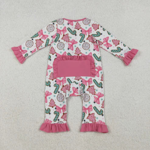 10.18 LR2486 Baby Girls Long Sleeves Christmas Trees Candy Cane Ruffle Zipper Romper