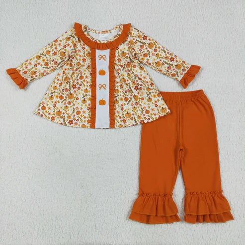 6.26 Sibling Embroidery Baby Girls Fall Bows Pumpkins Tunic Pants Set Knee Length Dress Rompers