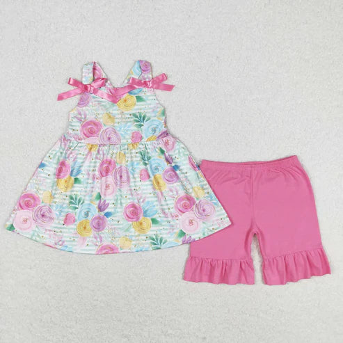 6.23 Sibling Baby Girls Straps Floral Tunic Ruffle Shorts Summer Clothes Sets