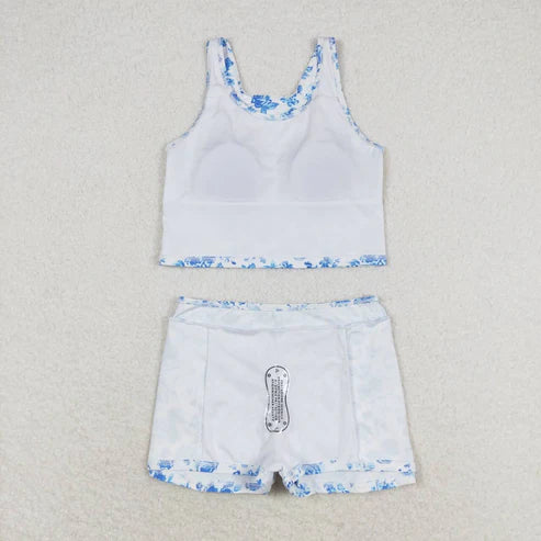 GSD0995 Girls summer Blue flowers white sleeveless pantsuit