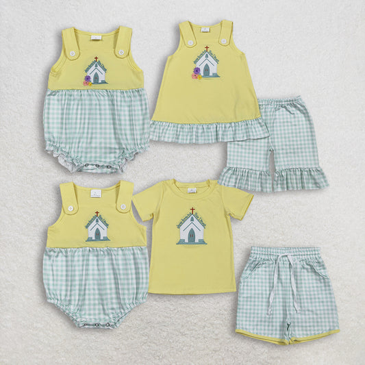 Sibling Baby girl boy clothes Embroidery easter short sleeve shorts sets and Rompers