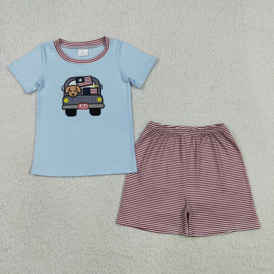 BSSO1918 Kids Embroidery Dog Flag Trucks Baby Boys Top Stripe Shorts 4th of July Clothes Sets
