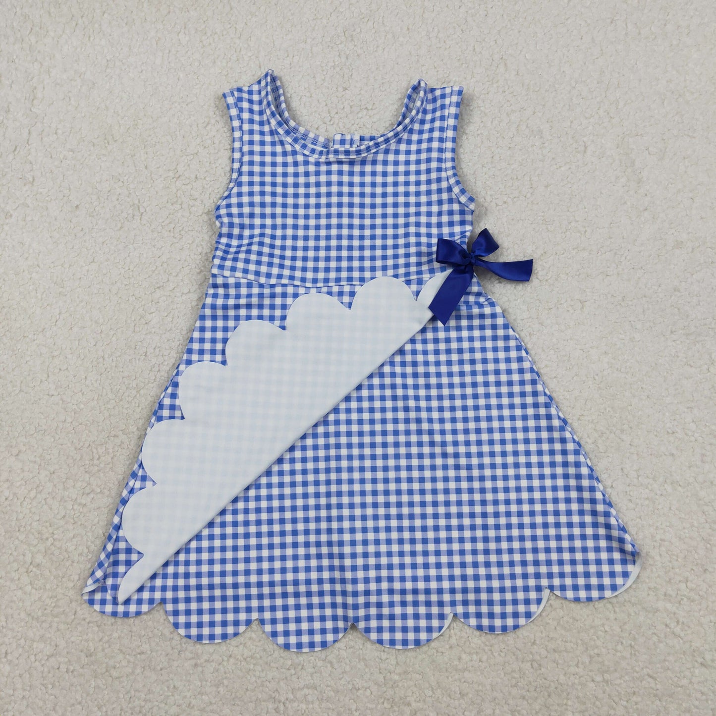 GSD3427 Kids Baby Girls Blue Checked Yoga Active Scallop Shorts Knee Length Dresses