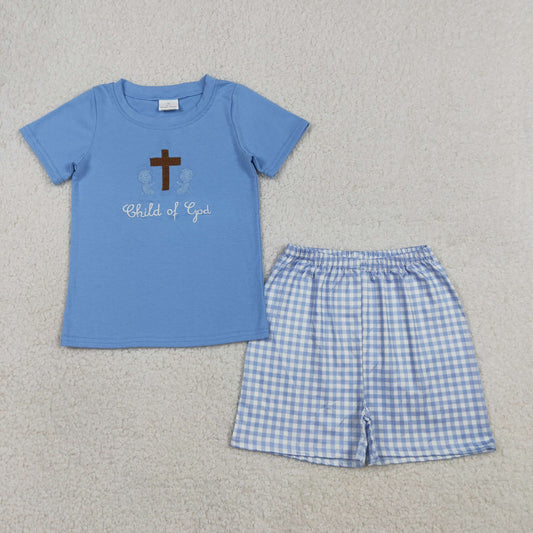 BSSO1714 Kids Embroidery Cross Child of God Baby Boys Top Checked Shorts Clothes Sets