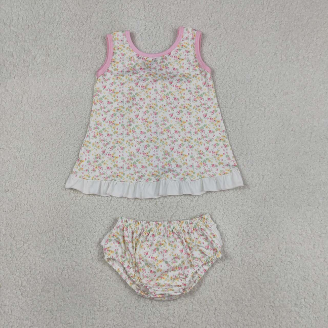 GBO0518 Kids Baby Girls Sleeveless Colorful Flowers Back Bow Tunic Bummies Clothes Sets