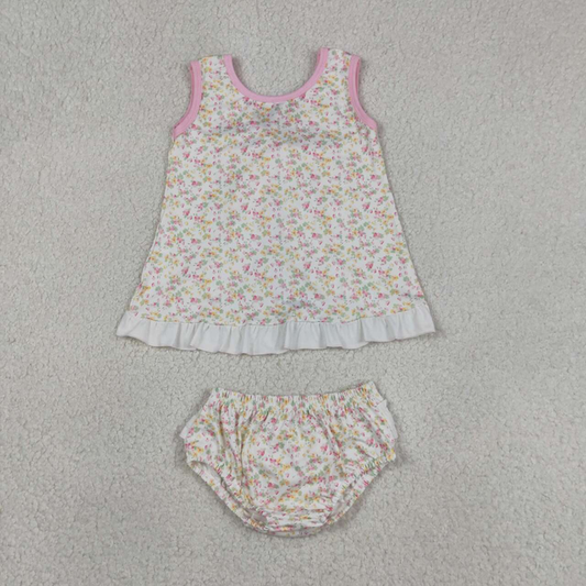 GBO0518 Kids Baby Girls Sleeveless Colorful Flowers Back Bow Tunic Bummies Clothes Sets