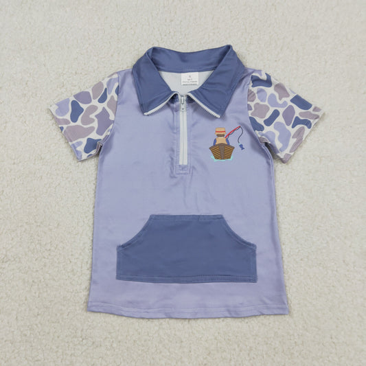 RTS NO MOQ(In Stock) Fishing Boat Camouflage Gray-Blue Zipper Short-Sleeve Top