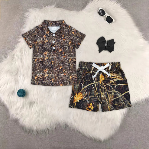 4.29 BT0639+SS0280 Baby Boys Short Sleeves Western Leaves Camo Button Pullover Top Pockets Shorts Set