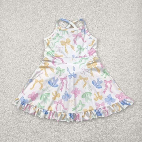 4.25 GSD2289 Baby Girls Strap Colorful Bows Yoga Ruffle Knee Length Dress