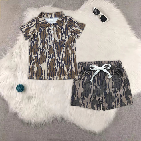 4.29 BT1207+SS0201 Baby Boys Short Sleeves Western Bottonland Camo Button Pullover Top Pockets Shorts Set