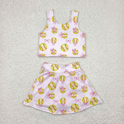 4.25 GSD2045 Baby Girls Softball Bows Athletic Active Wear Top Shorts Skirts Clothes Set
