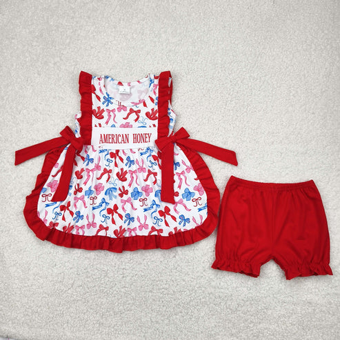4.25 GSSO2538 Baby Girls American Honey Red Blue Bows Tunic Ruffle Short 4th Of July Set