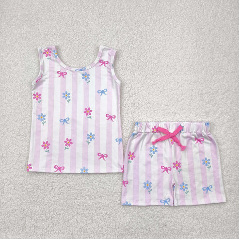 4.25 GSSO2476 Baby Girls Pink Stripe Sleeveless Bows Flowers Set