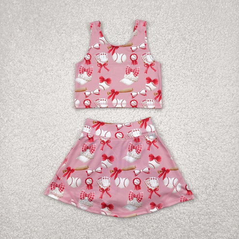 4.25 GSD2044 Baby Girls Baseball Bows Athletic Active Wear Top Shorts Skirts Clothes Set