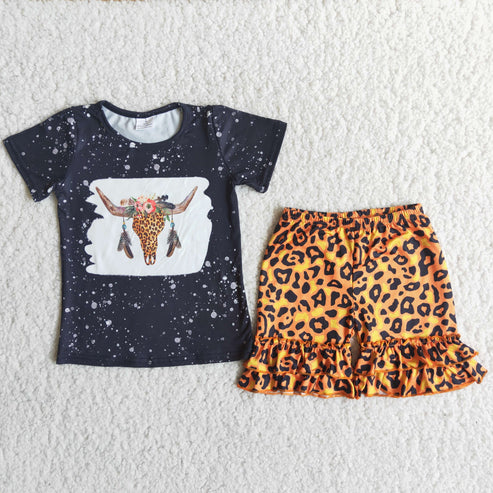 4.28 RTS NO MOQ C14-37 Flower cow head black top gold leopard print shorts suit