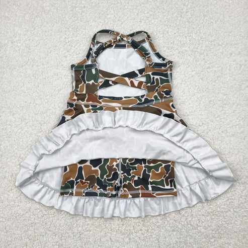 4.30 Sibling Baby Girls Strap Bows Floral Camo Print Yoga Activity Wear Ruffle Knee Length Dresses