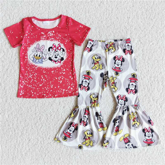 4.26 RTS NO MOQ ETA 5/7days Arrived E7-20 Red Short Sleeve Top Cartoon Flared Pants Set