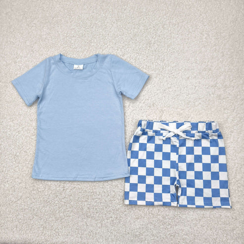 4.29 BSSO1469 Baby Boys Blue Short Sleeves Top Plaid Short Set