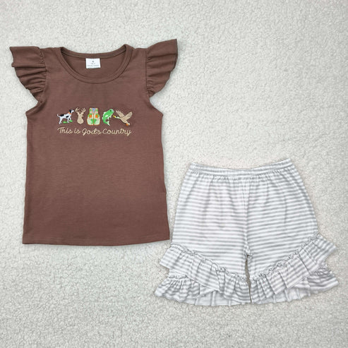 4.25 GSSO2353 Baby Girls Brown Flutter Sleeves Gods Country Top Ruffle Stripe Short Set