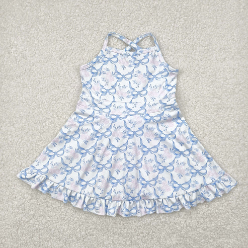 4.25 GSD2290 Baby Girls Strap Blue Bows Floral Yoga Ruffle Knee Length Dress