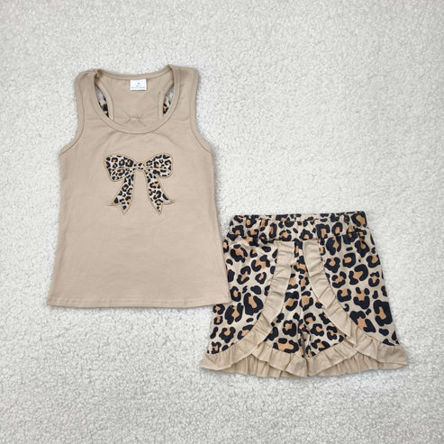 4.29 GSSO1603 Baby Girls Khaki Bow Vest Top Leopard Ruffle Shorts Clothes Set