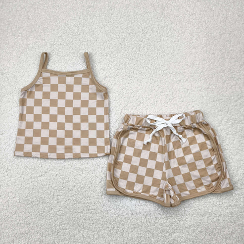 4.29 GSSO2335 Baby Girls Brown Strap Plaid Top Short Sport Set