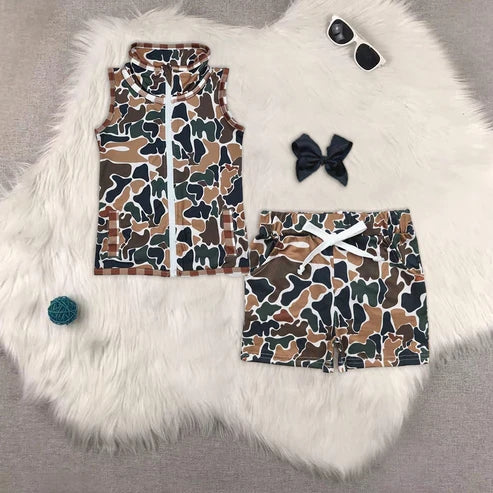 4.29 BT0856+SS0359 Baby Boys Sleeveless Western Brown Camo Zipper Vest Top Pockets Shorts Set