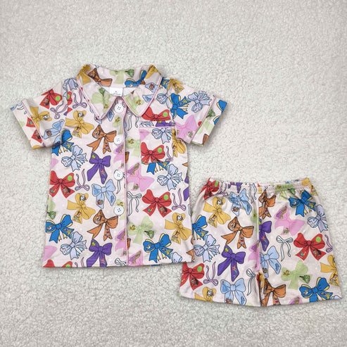 4.25 GSSO2321 Baby Girls Pink Cartoon Princess Bows Button Pocket Top Short Pajamas Set
