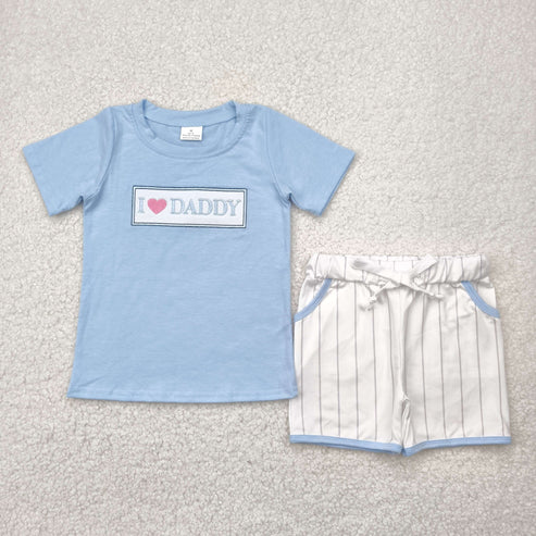 5.2 BSSO1434 Embroidery Baby Boys Blue Short Sleeves I LOVE DADDY Top Stripe Pockets Short Set