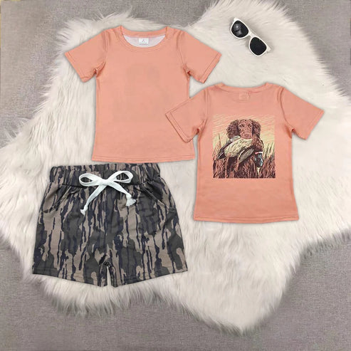 4.29 BT1084+SS0201 Baby Boys Peach Dog Ducks Shirts Top Bottomland Camo Pockets Shorts Western Hunting Set