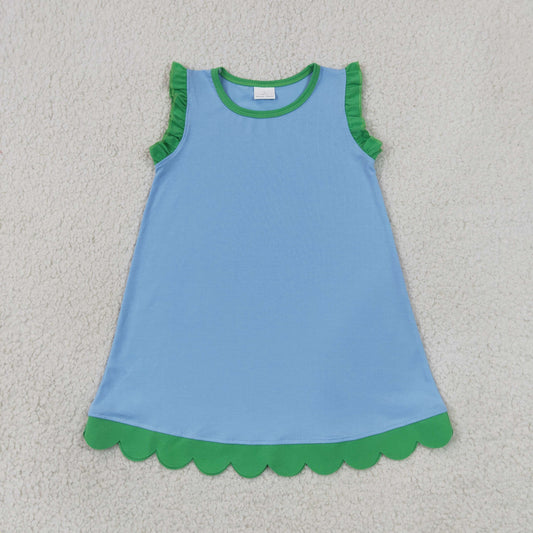 GSD4060 Kids Baby Girls Green Blue Sleeveless Scallop Knee Length Dresses