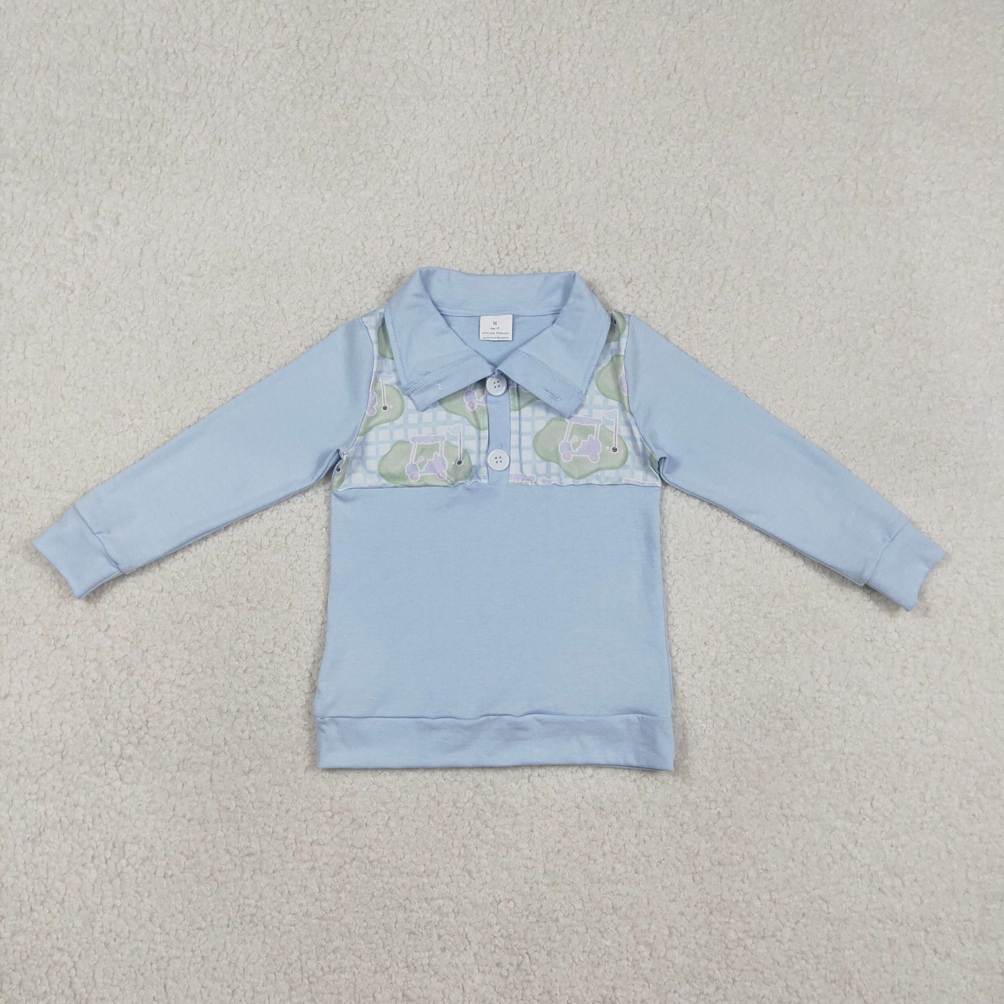 RTS NO MOQ（In Stock) BT1492 Golf Course Sightseeing Vehicle Blue Check Button-Up Long-Sleeve Top