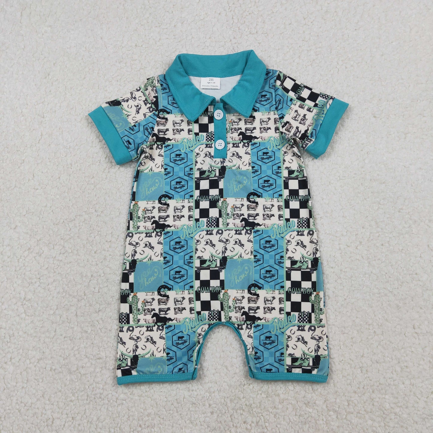 RTS NO MOQ（In Stock) SR3723 Rodeo letter cactus riding checkered button-down collar short-sleeved jumpsuit