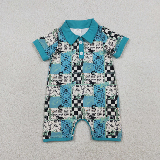 RTS NO MOQ（In Stock) SR3723 Rodeo letter cactus riding checkered button-down collar short-sleeved jumpsuit
