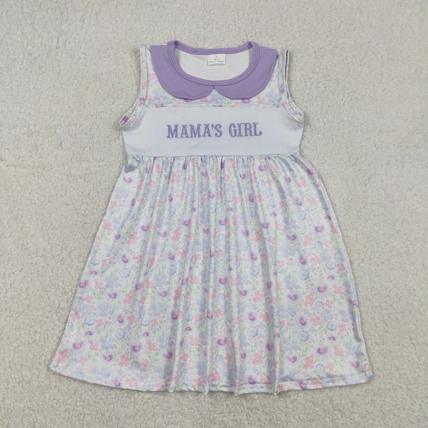 RTS NO MOQ（In Stock) Embroidered Mama's Girl Floral Purple Collar Sleeveless Dress