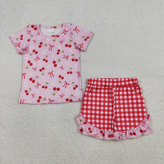 GSSO3470 Kids Baby Girls Cherry Flowers Top Checked Ruffle Shorts Clothes Sets