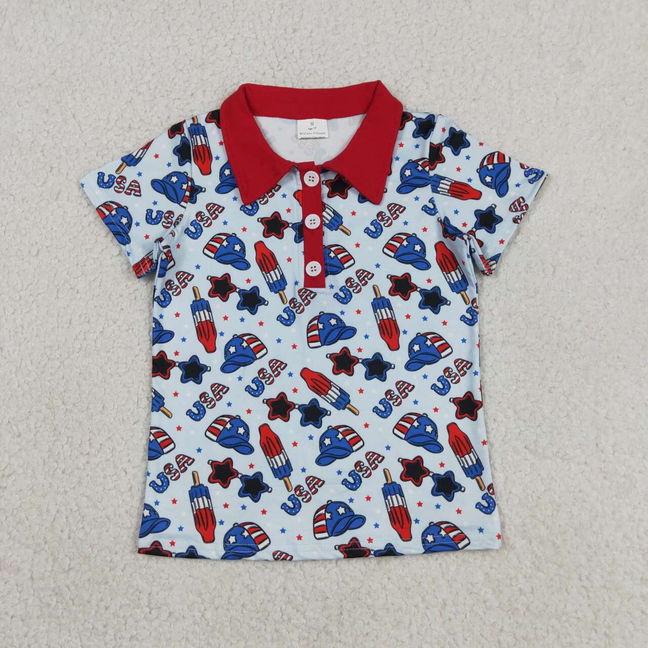 BT1767 Kids Baby Boys Short Sleeve USA Popsicle 4th of July Button Polo Shirts Top