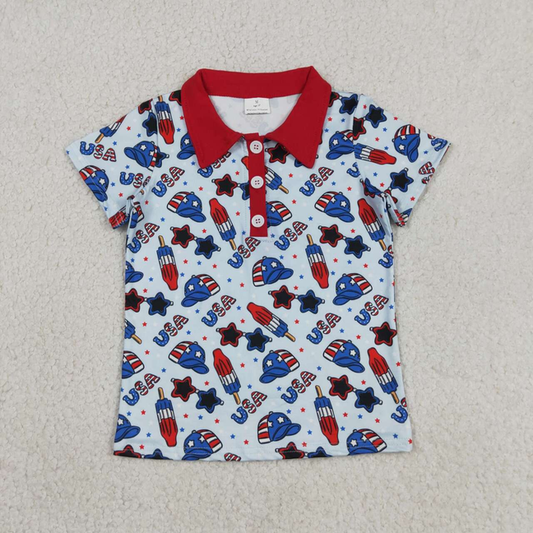 BT1767 Kids Baby Boys Short Sleeve USA Popsicle 4th of July Button Polo Shirts Top